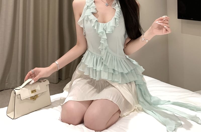 Sample Scoop Neck Plain Ruffle Asymmetrical Halter Top / High Rise Mini A-Line Skirt