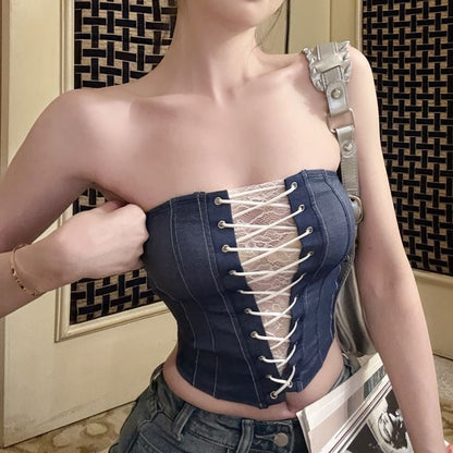 Sample Striped Lace Panel Lace-Up Denim Tube Top