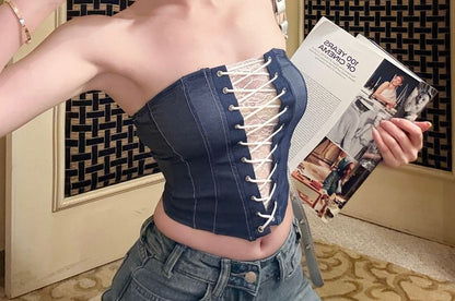 Sample Striped Lace Panel Lace-Up Denim Tube Top