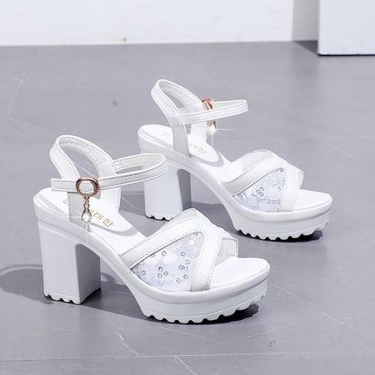 Platform Sequined Chunky Heel Sandals