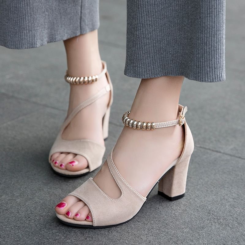 Bead Metal Heel Sandals Chunky Ankle Strap