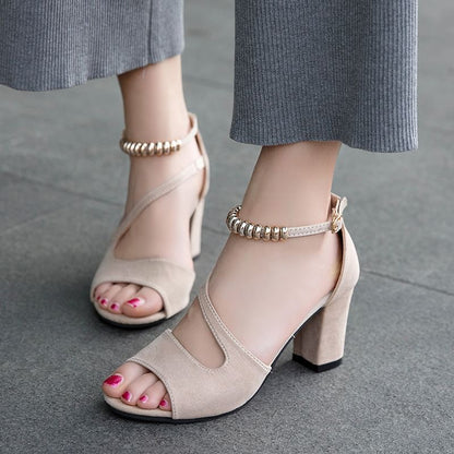 Bead Metal Heel Sandals Chunky Ankle Strap