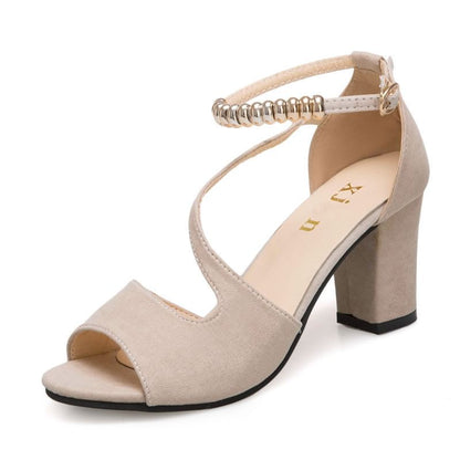 Bead Metal Heel Sandals Chunky Ankle Strap