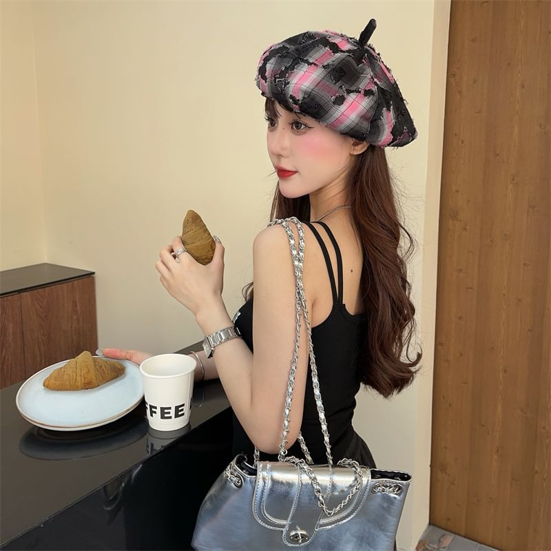 Plaid Beret Distressed
