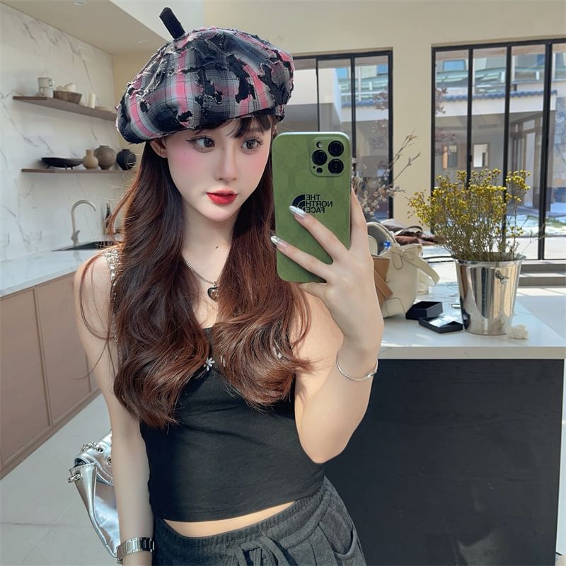 Plaid Beret Distressed