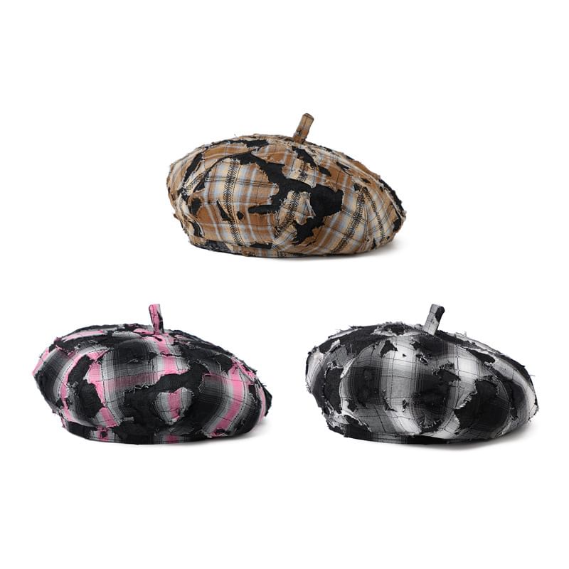 Plaid Beret Distressed