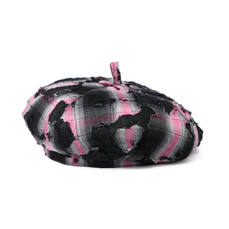 Plaid Beret Distressed