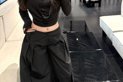 Sample Long-Sleeve Collar Plain Cropped Tee / Low Rise Inverted Pleated Wide Leg Pants