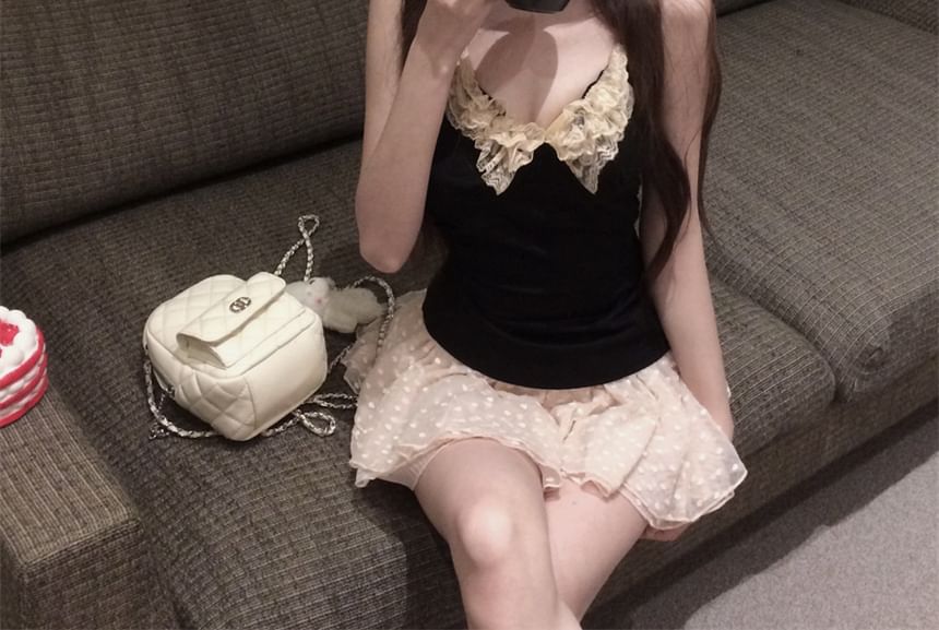 Sample Scoop Neck Plain Lace Trim Halter Top / Mid Rise Dotted Asymmetrical Mini A-Line Skirt