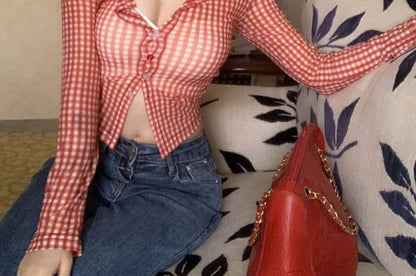 Sample Long-Sleeve Gingham Button-Up Crop Mesh Top