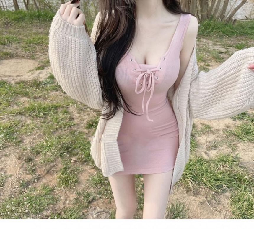 Lace-Up Bodycon Mini Sleeveless Plain Dress