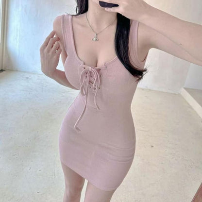 Lace-Up Bodycon Mini Sleeveless Plain Dress