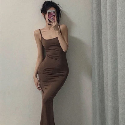 Spaghetti Plain Scoop Neck Midi Strap Dress Bodycon