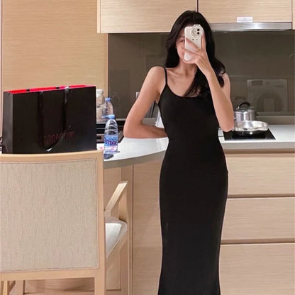 Spaghetti Plain Scoop Neck Midi Strap Dress Bodycon
