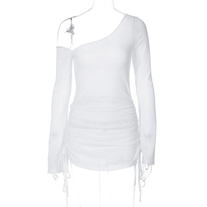 Drawstring Tee Plain Long-Sleeve One-Shoulder Sheer