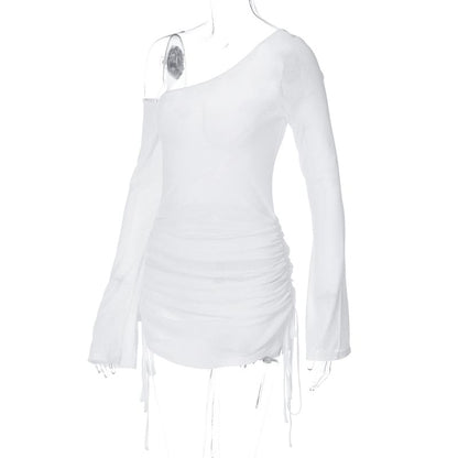 Drawstring Tee Plain Long-Sleeve One-Shoulder Sheer