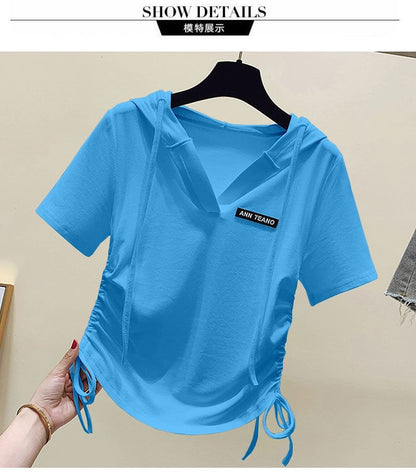 Lettering Short-Sleeve V-Neck Tee Drawstring