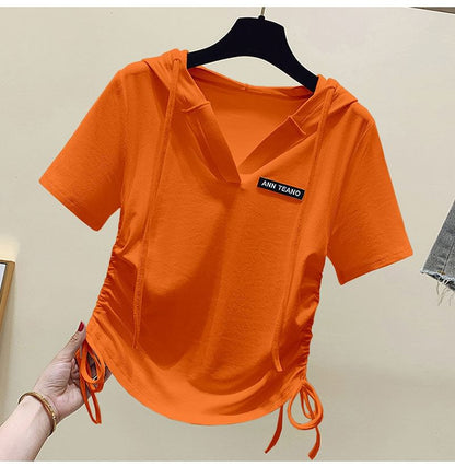 Lettering Short-Sleeve V-Neck Tee Drawstring