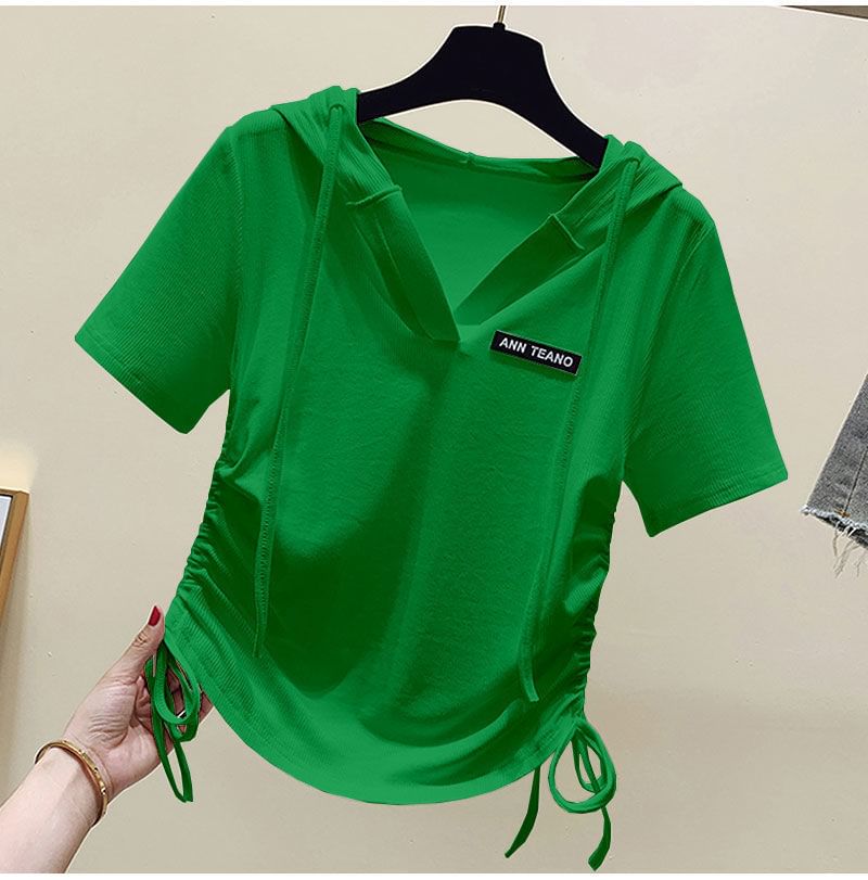 Lettering Short-Sleeve V-Neck Tee Drawstring
