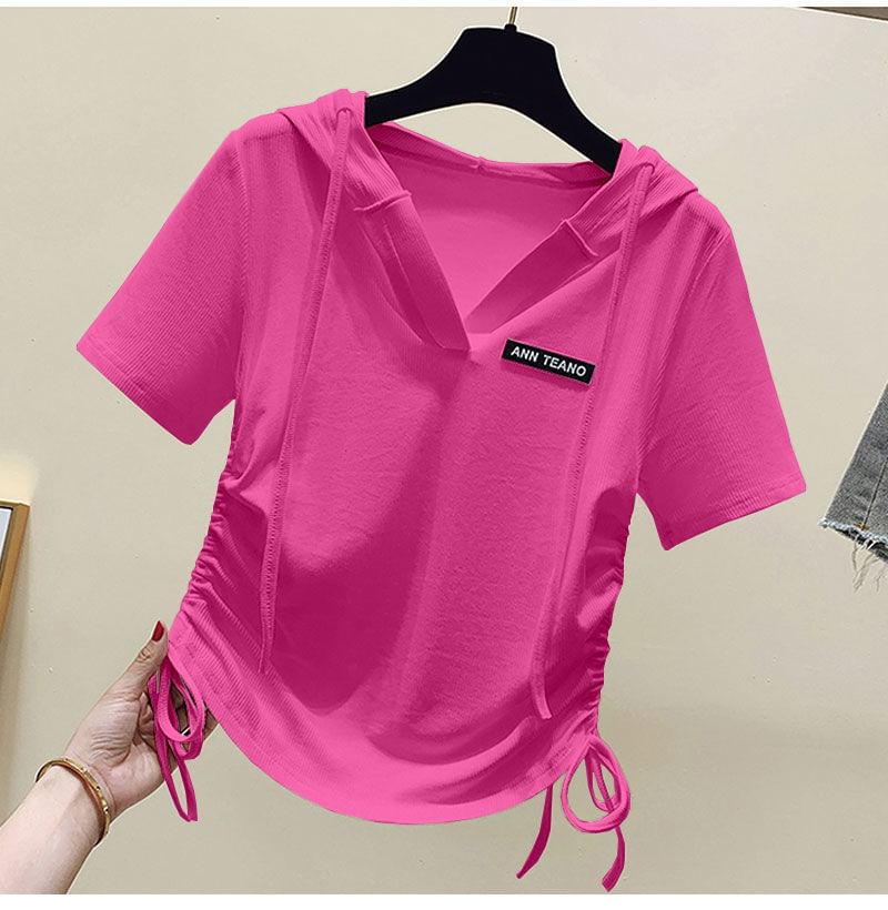 Lettering Short-Sleeve V-Neck Tee Drawstring