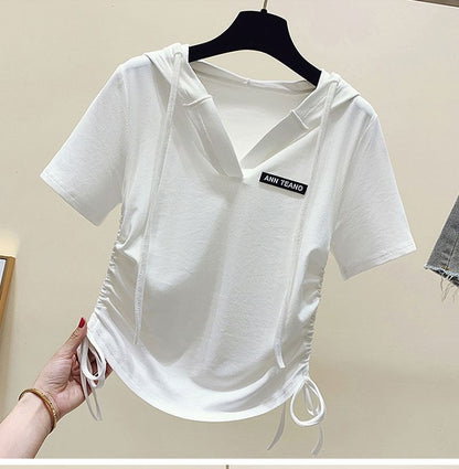 Lettering Short-Sleeve V-Neck Tee Drawstring