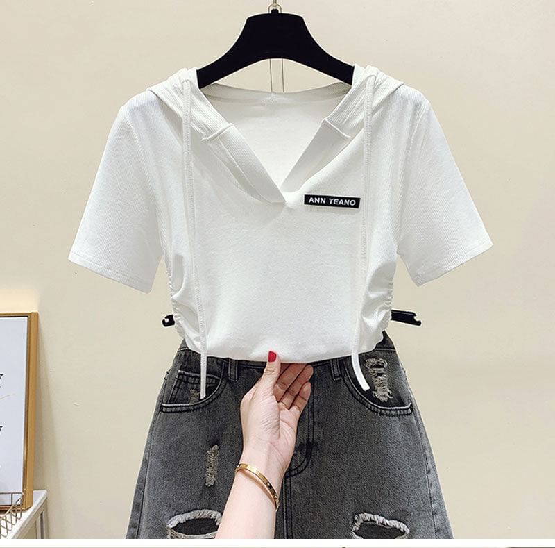 Lettering Short-Sleeve V-Neck Tee Drawstring