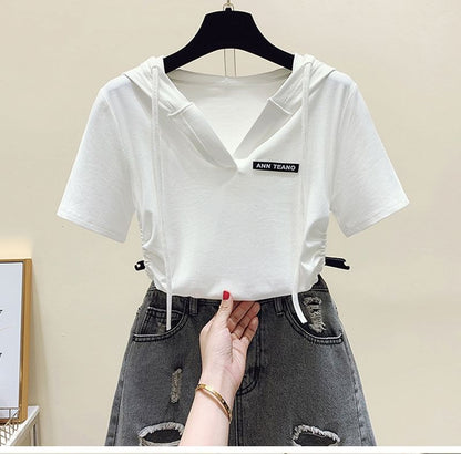 Lettering Short-Sleeve V-Neck Tee Drawstring