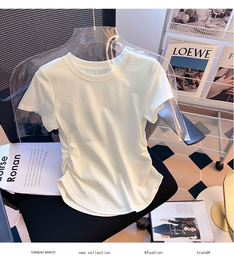 Round Neck Ruched Short-Sleeve Plain Tee