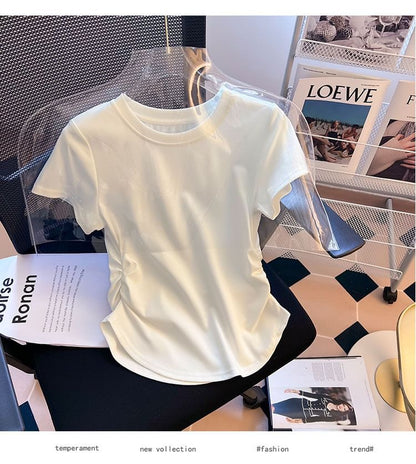 Round Neck Ruched Short-Sleeve Plain Tee