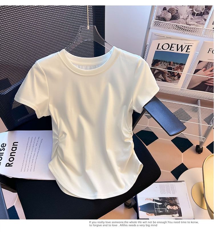 Round Neck Ruched Short-Sleeve Plain Tee