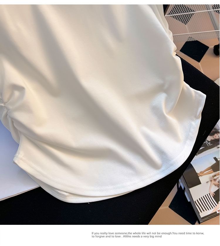 Round Neck Ruched Short-Sleeve Plain Tee