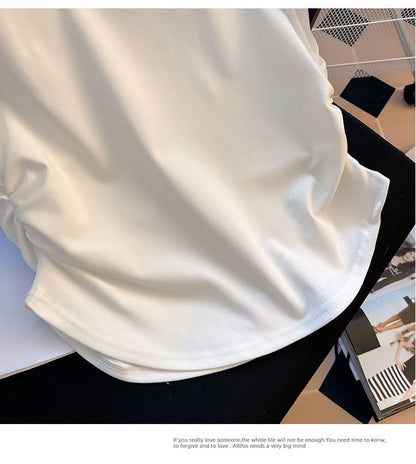 Round Neck Ruched Short-Sleeve Plain Tee