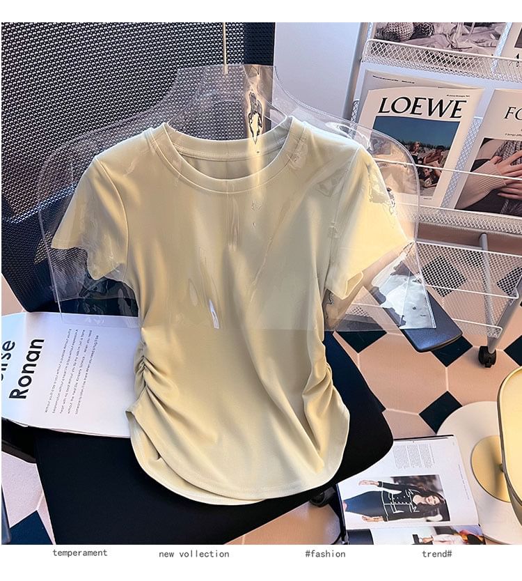 Round Neck Ruched Short-Sleeve Plain Tee