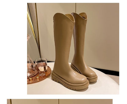 Leather Boots Tall Zip-Up Platform Plain Faux