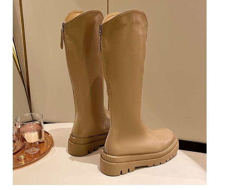 Leather Boots Tall Zip-Up Platform Plain Faux