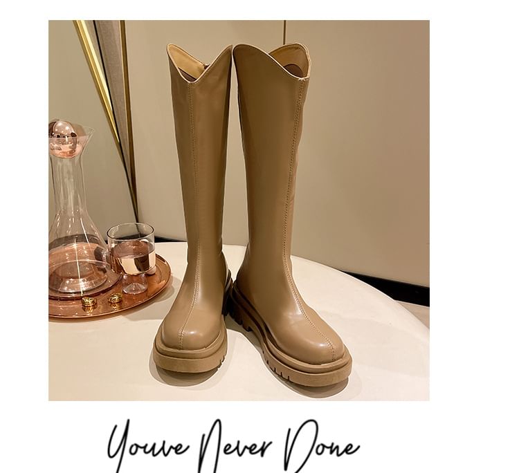 Leather Boots Tall Zip-Up Platform Plain Faux