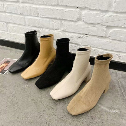 Heel Square Boots Plain Toe Zip-Up Chunky Short
