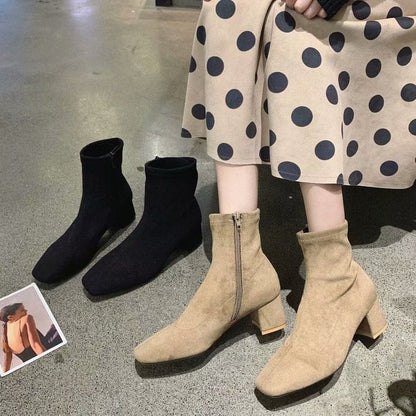 Heel Square Boots Plain Toe Zip-Up Chunky Short
