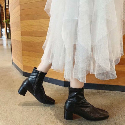 Heel Square Boots Plain Toe Zip-Up Chunky Short