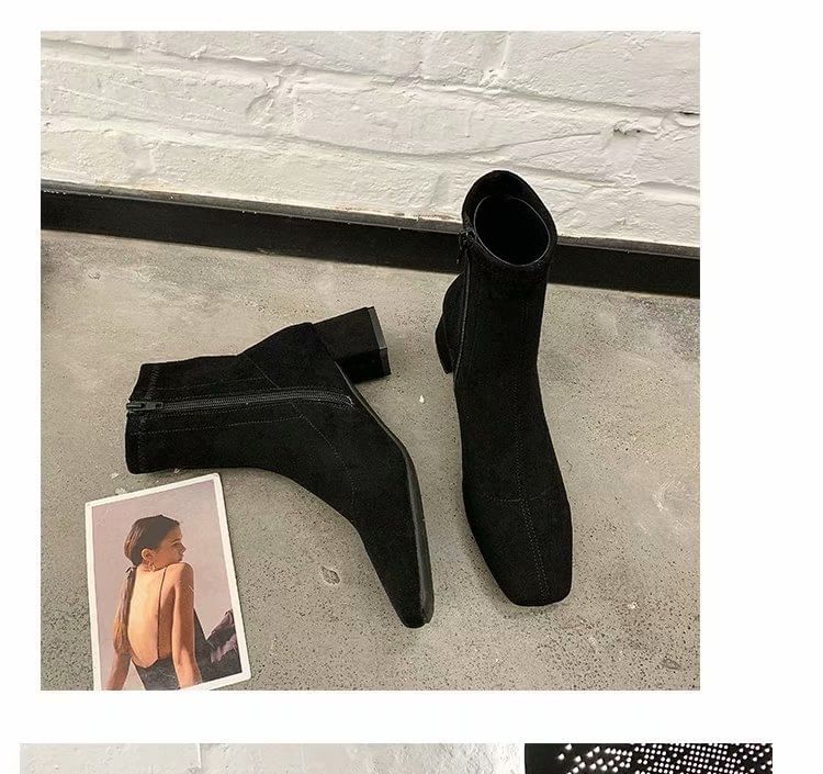Heel Square Boots Plain Toe Zip-Up Chunky Short