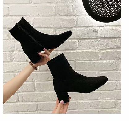 Heel Square Boots Plain Toe Zip-Up Chunky Short