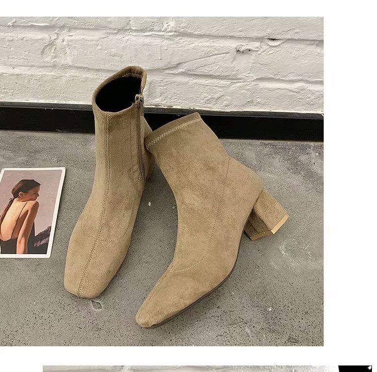 Heel Square Boots Plain Toe Zip-Up Chunky Short