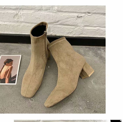 Heel Square Boots Plain Toe Zip-Up Chunky Short