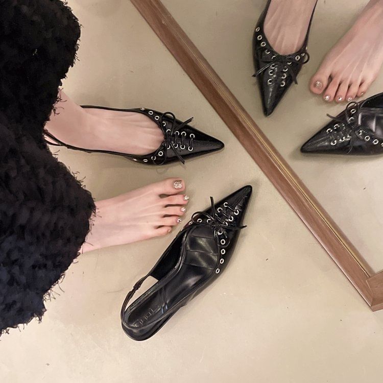 Heel Sandals Pointed Toe Slingback Kitten Leather Faux