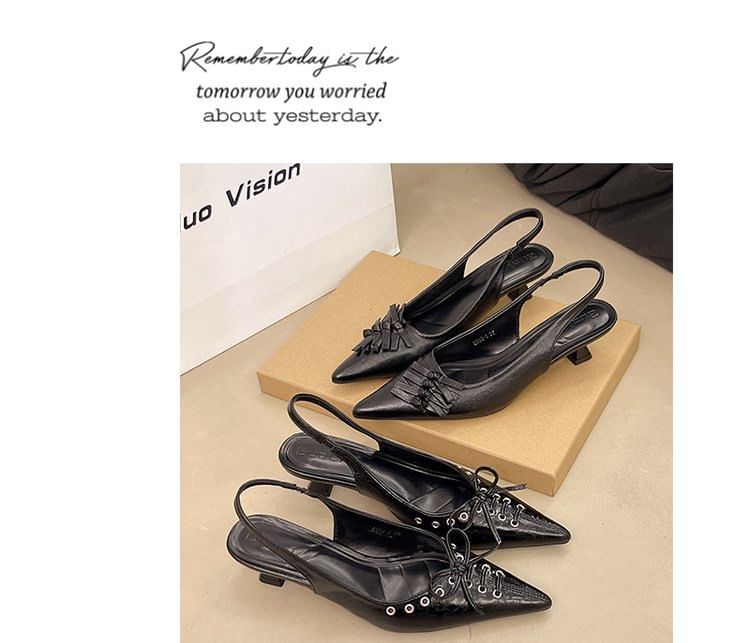 Heel Sandals Pointed Toe Slingback Kitten Leather Faux