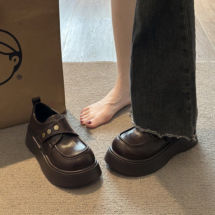 Strap Faux Platform Leather Adhesive Shoes Plain