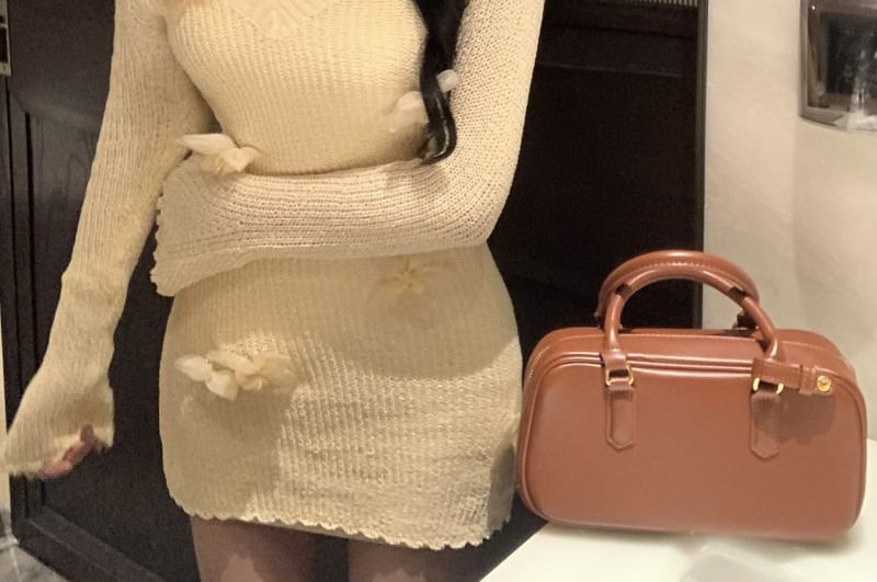 Sheath Accent Slip Flower Mini Knit Long-Sleeve Dress Neck / V