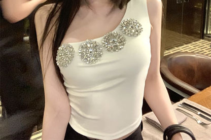 Sample One-Shoulder Rhinestone Accent Slim Fit Crop Tank Top