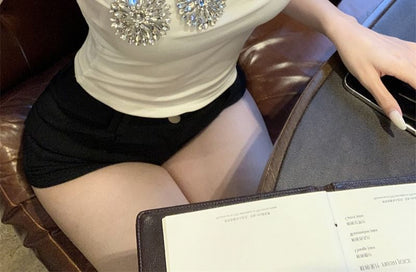 Sample One-Shoulder Rhinestone Accent Slim Fit Crop Tank Top
