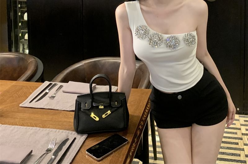 Sample One-Shoulder Rhinestone Accent Slim Fit Crop Tank Top